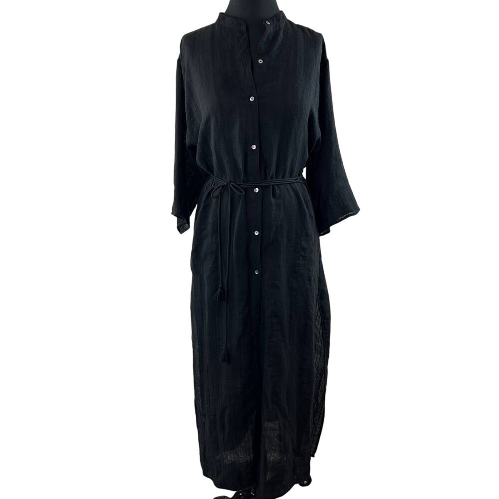 Robin Piccone Black Bell Sleeve Button Down Tie Cotton Caftan Cover Up Dress M